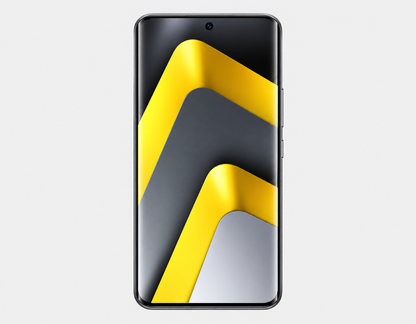 Xiaomi Poco M8 5G  Silver smartphone front with black screen and yellow geometric wallpaper