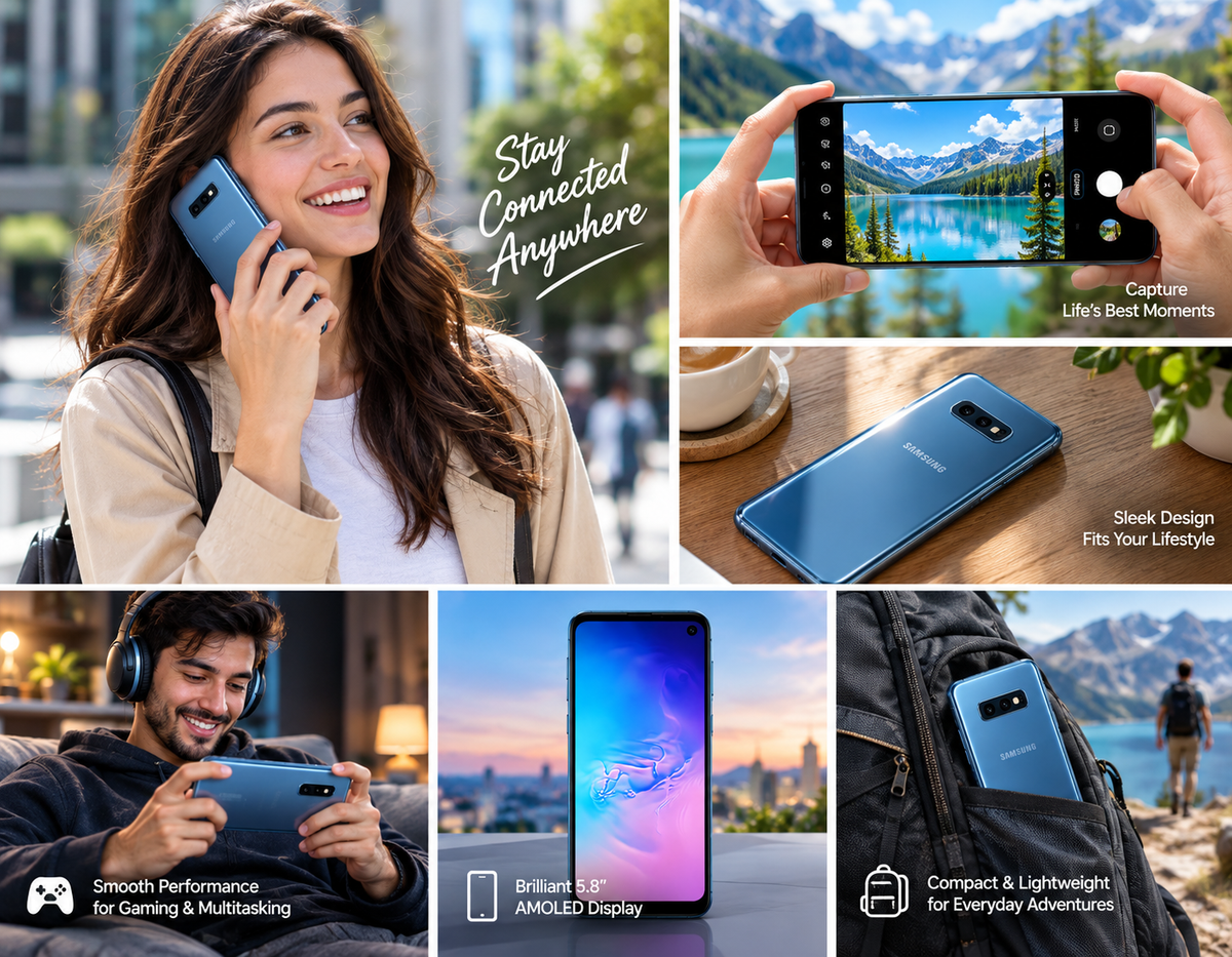 Prism blue Samsung Galaxy S10e phone for calls and photo capture