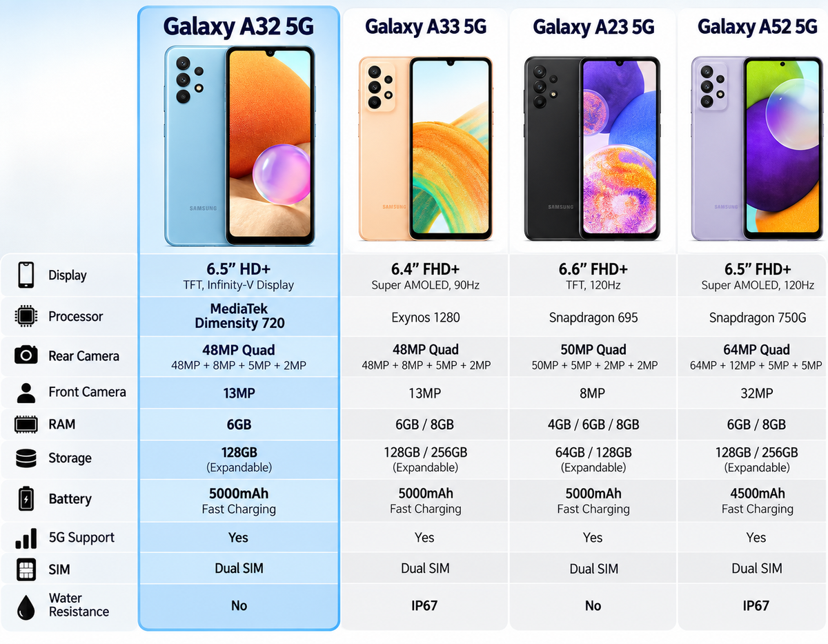 Samsung Galaxy A32 (5G)  Samsung Galaxy A series comparison sheet showing blue phone and spec icons