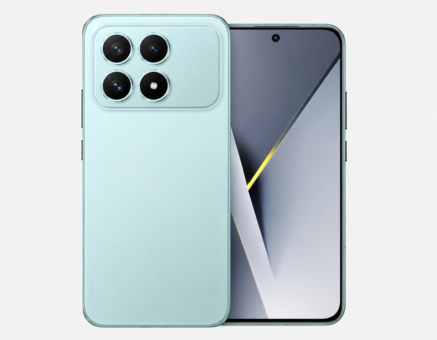 Blue Poco F8 Pro smartphone front and back views with quad camera