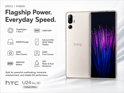 White HTC U24 Pro 5G smartphone front and back with purple-blue display