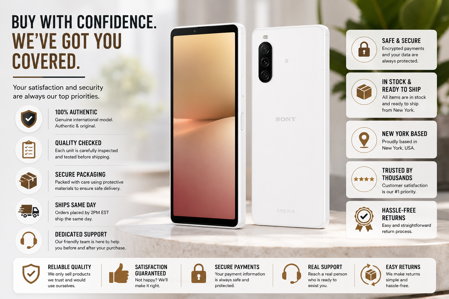 White Sony Xperia 10 V smartphone front and back with camera module visible