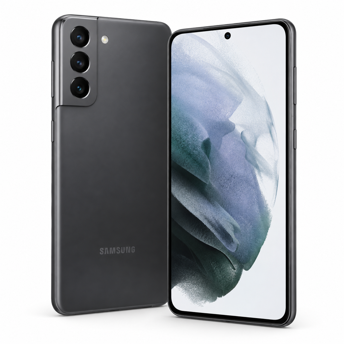 Phantom Gray Samsung Galaxy S21 5G phone showing rear cameras and front display