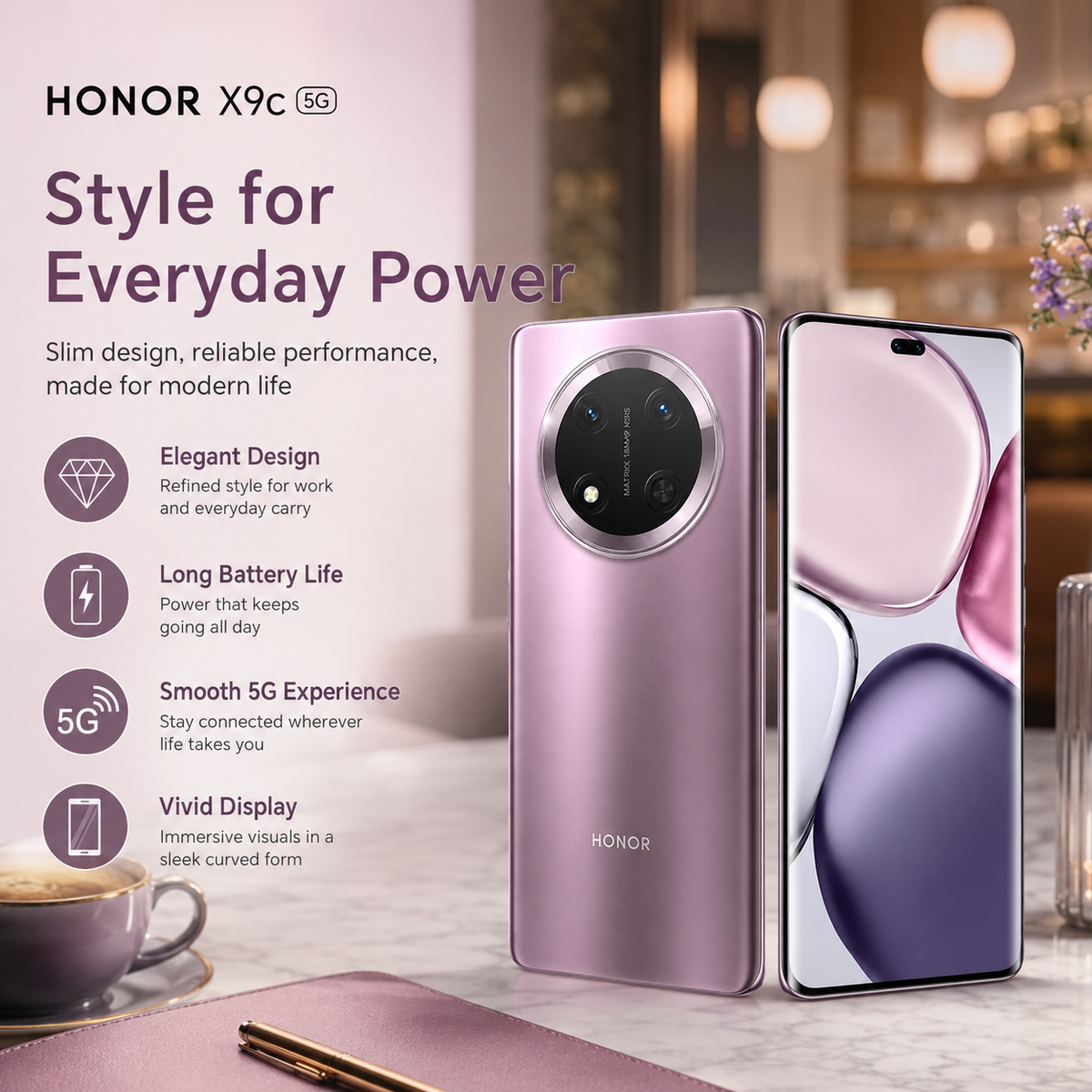 Purple Honor smartphone with dual-screen front view and rear triple-lens camera