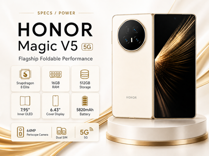 Honor Magic V5  White foldable smartphone on pedestal, open to show outer and inner black displays