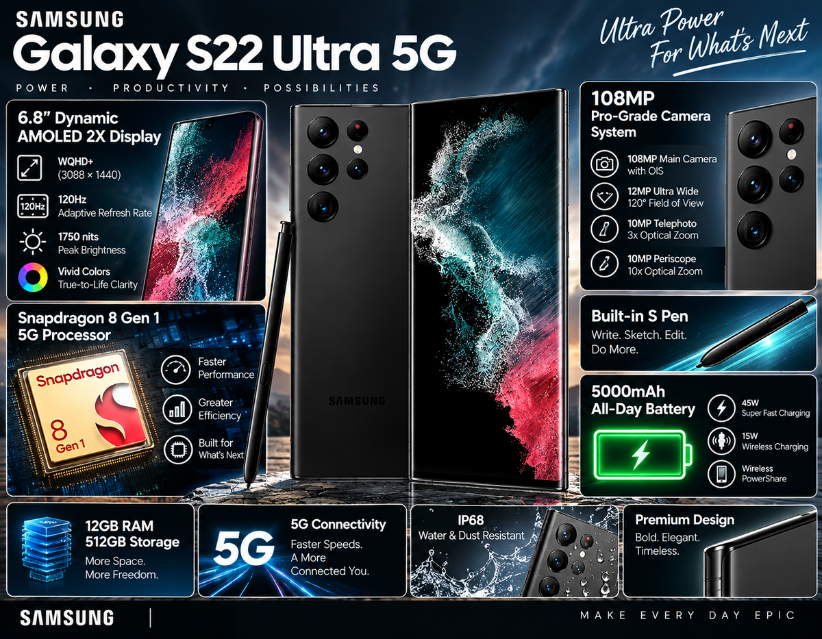 Samsung Galaxy S22 Ultra 5G smartphone with close-up rear cameras and screen graphics
