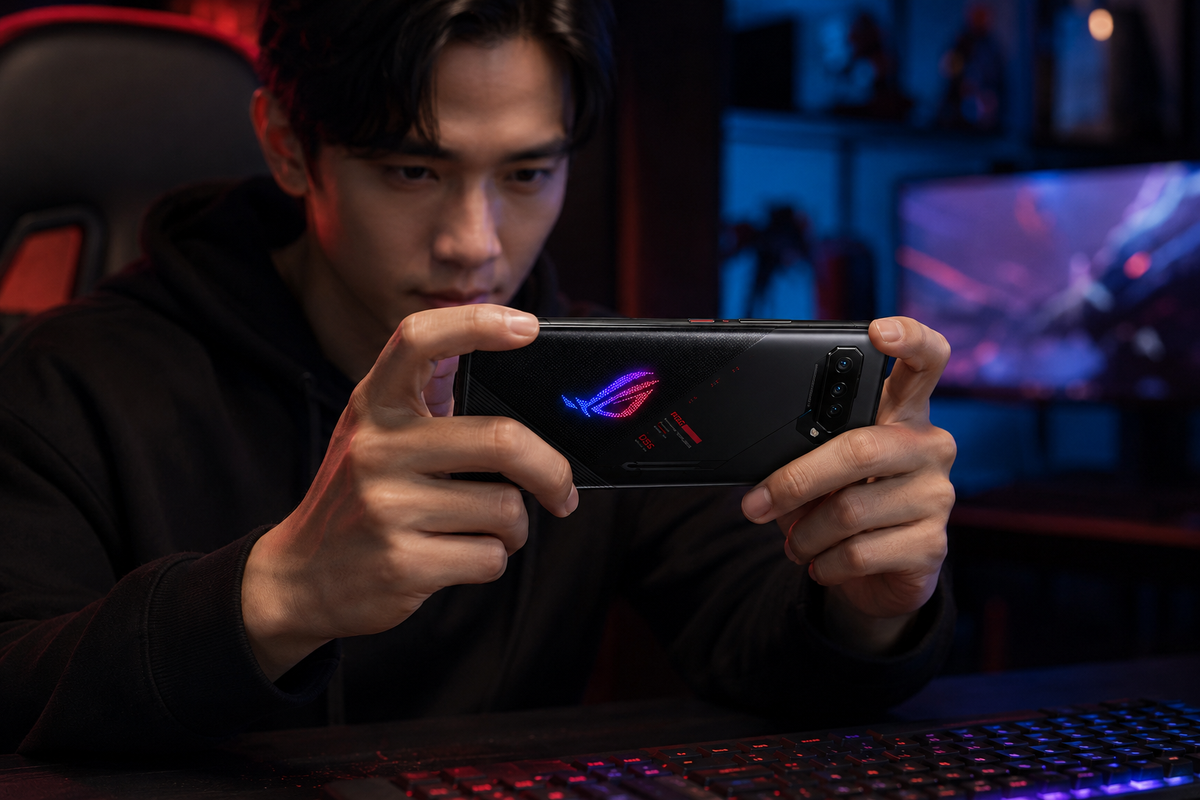 Asus ROG Phone 5S  Black gaming smartphone held in hands, screen and rear camera area visible
