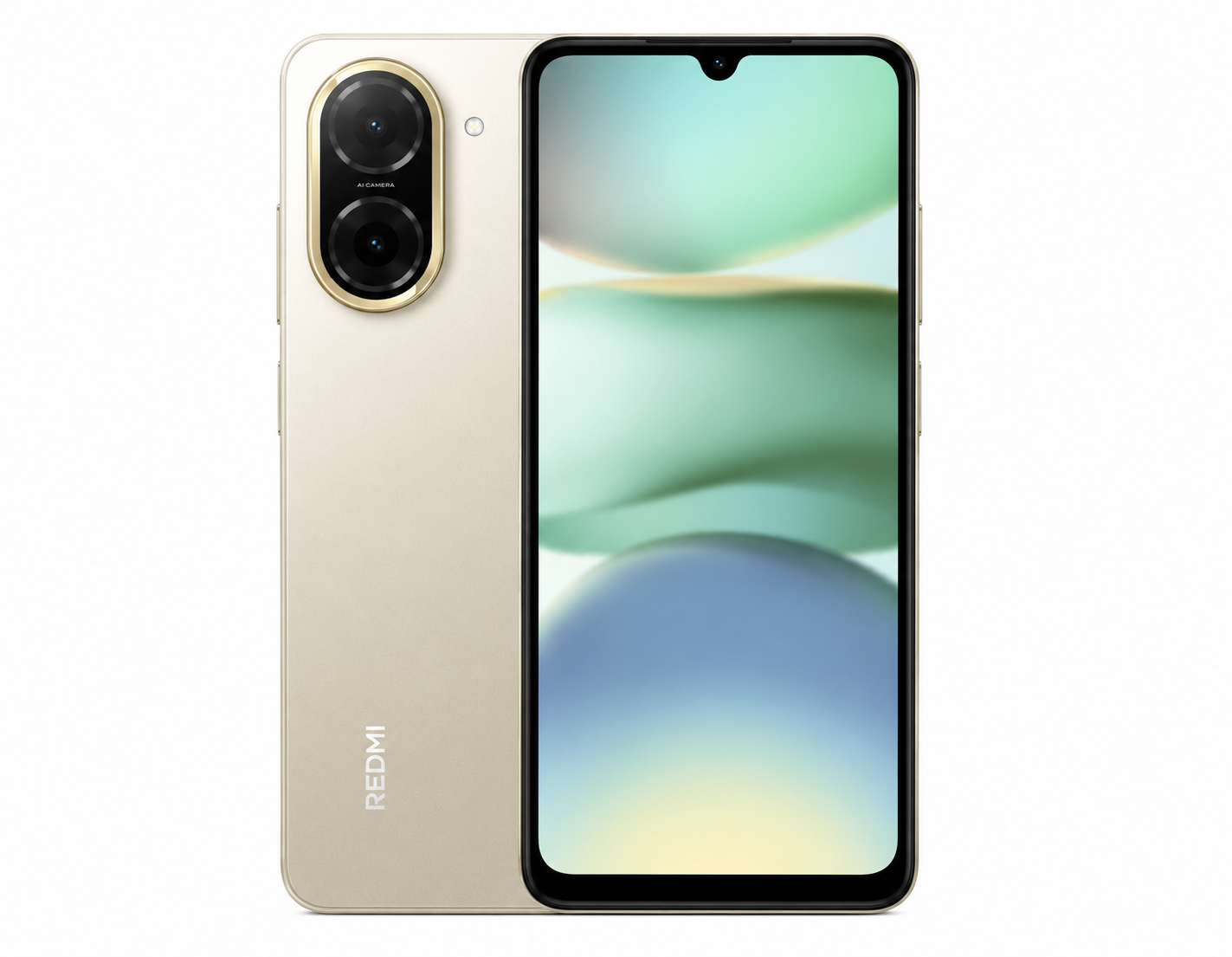 Gold Xiaomi Redmi A5 smartphone close-up with front screen and rear dual camera