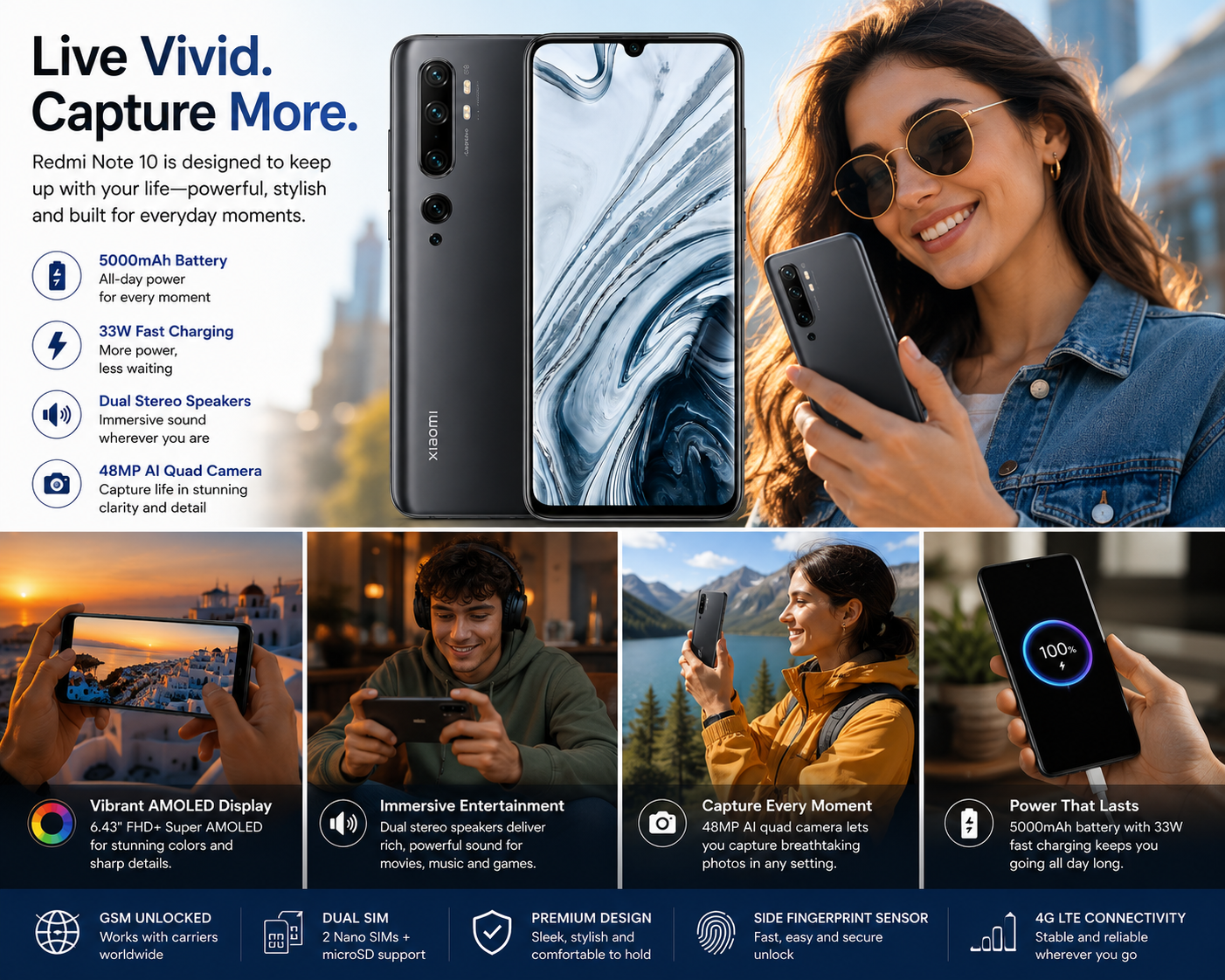 Xiaomi Redmi Note 10 Onyx Gray smartphone held by person with front display, blue back camera area visible