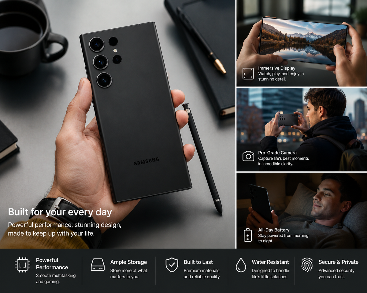 Hand holding black Samsung Galaxy S23 Ultra 5G smartphone with S Pen on desk