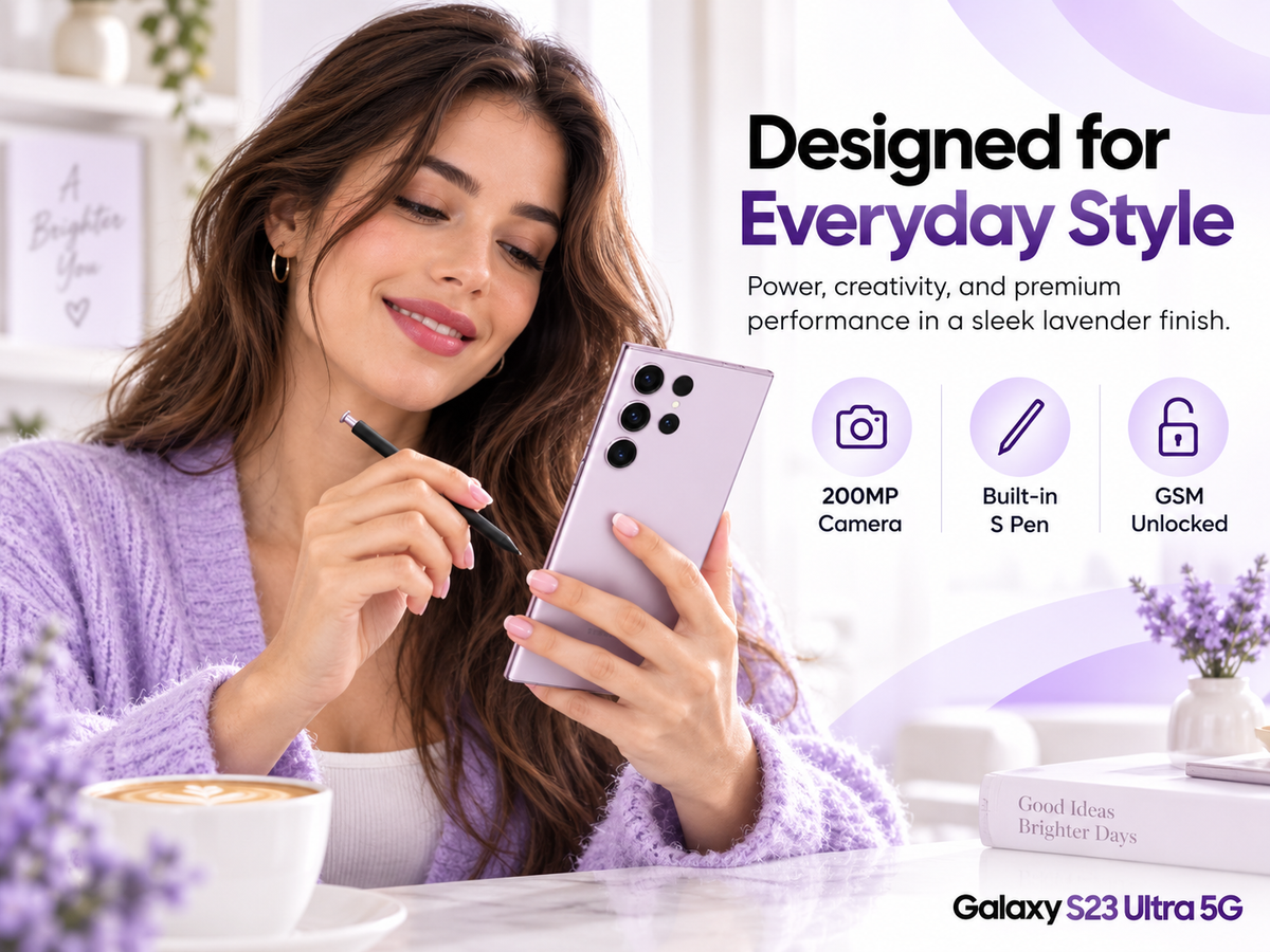 Samsung Galaxy S23 Ultra 5G Lavender smartphone in woman's hand with S Pen and four rear cameras visible