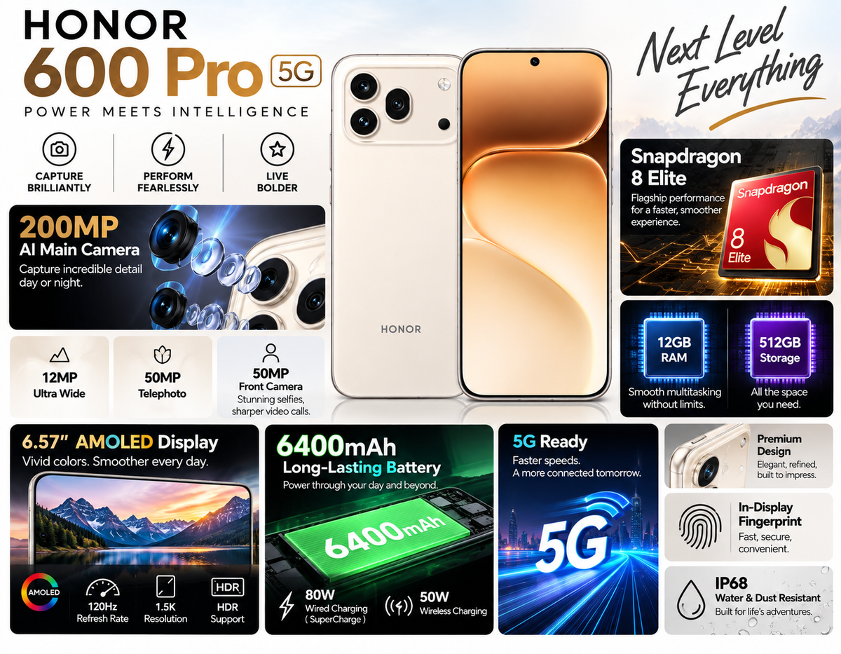HONOR 600 Pro 5G 512GB ROM 12GB RAM Dual SIM GSM Unlocked - White