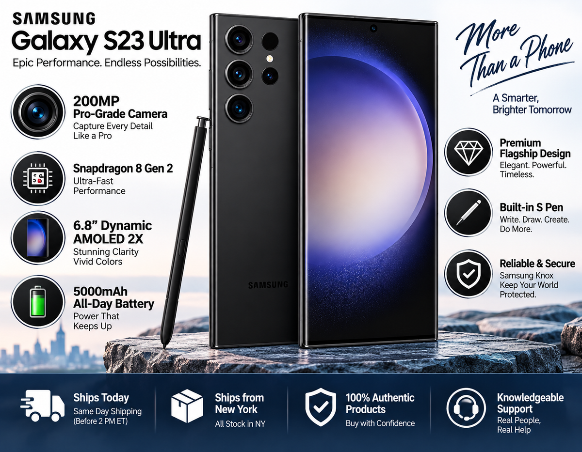 Samsung Galaxy S23 Ultra phones in black with S Pen, front and rear views