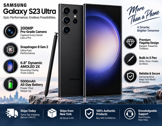 Samsung Galaxy S23 Ultra phones in black with S Pen, front and rear views