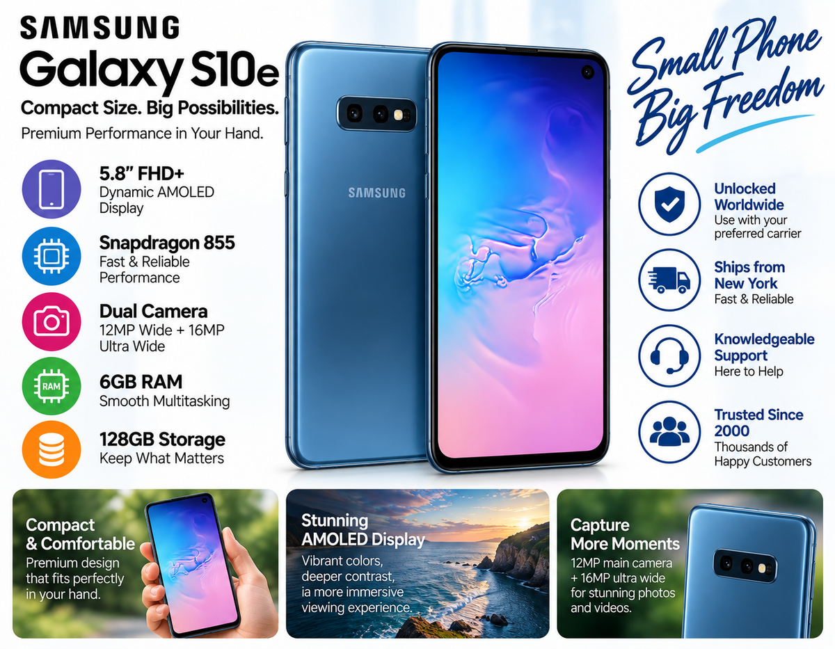 Prism blue Samsung Galaxy S10e phone with 5.8-inch display