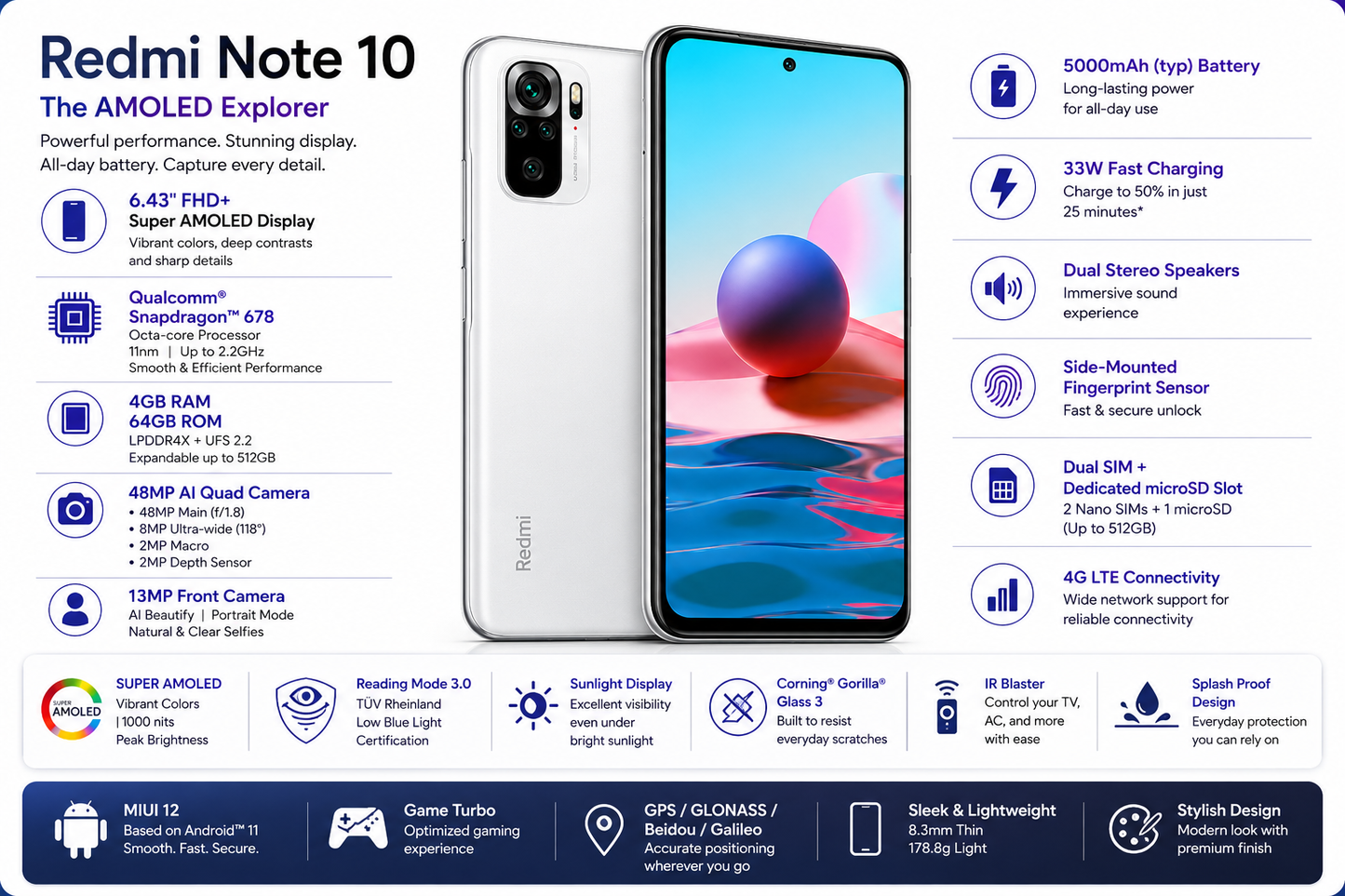 Xiaomi Redmi Note 10 Pebble White Redmi smartphone with front display and rear camera module