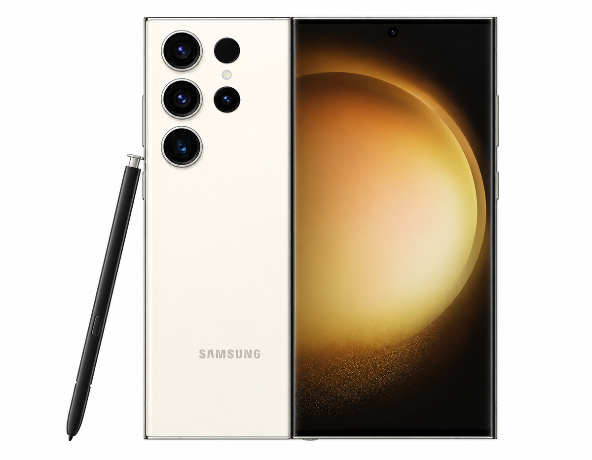 Cream Samsung Galaxy S23 Ultra 5G smartphone with S Pen and quad rear cameras