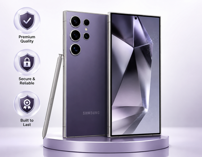 S24 Ultra smartphone in Titanium Violet, showing quad rear cameras and S Pen