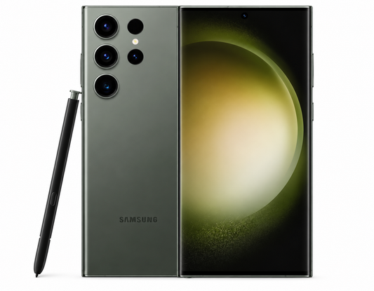 Green Samsung Galaxy S23 Ultra smartphone with triple rear camera and S Pen