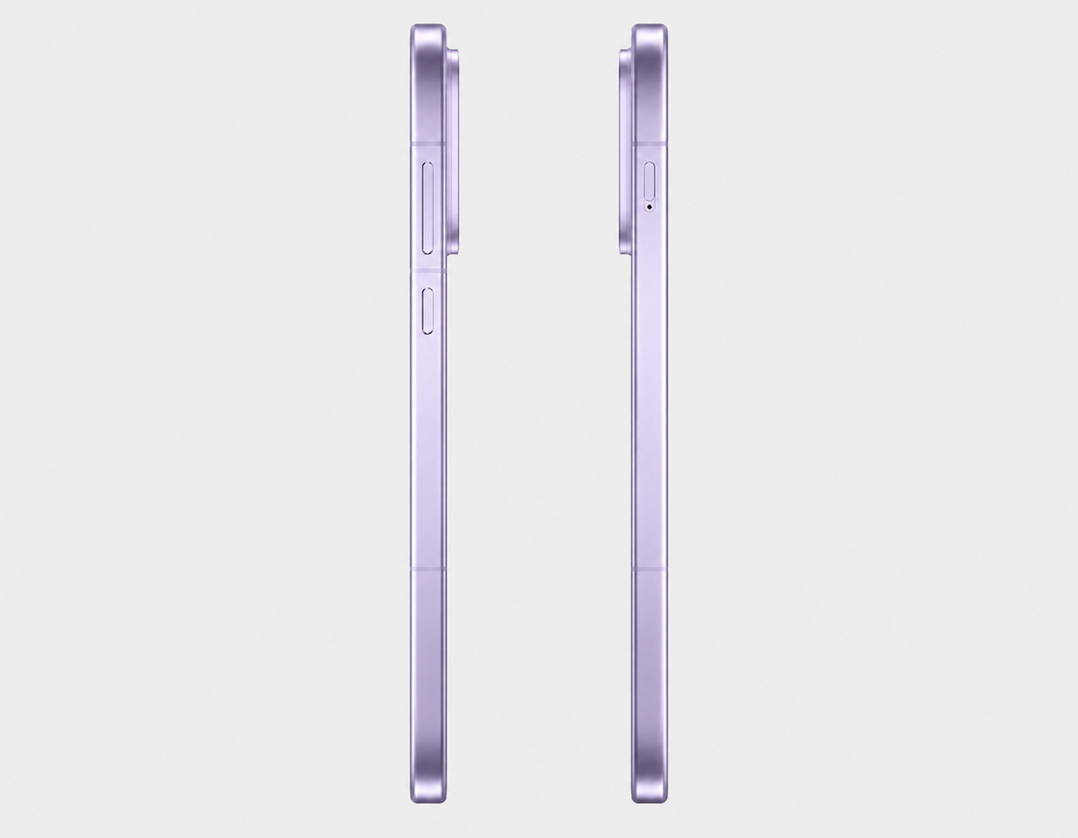 OnePlus 15 5G Violet smartphone side view with slim metal frame and button cutouts