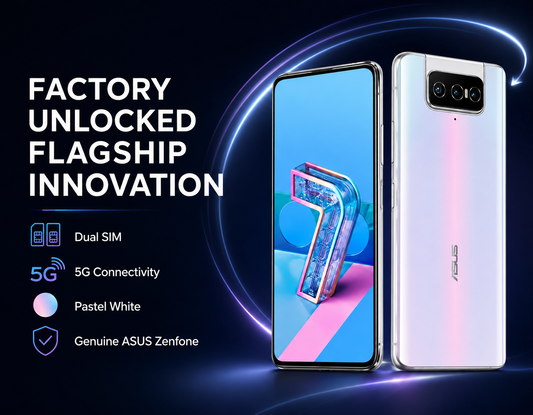 Pastel white ASUS Zenfone 7 Pro smartphone, front and back with multi-lens rear module