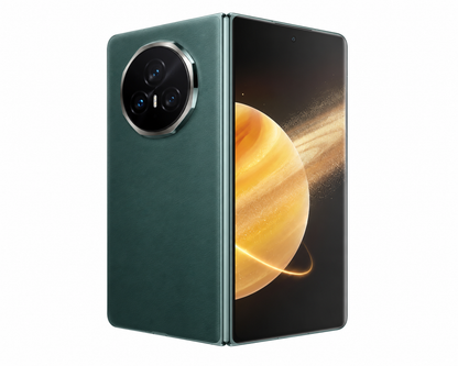 Green foldable smartphone opened slightly, dual rear camera and AMOLED-style display