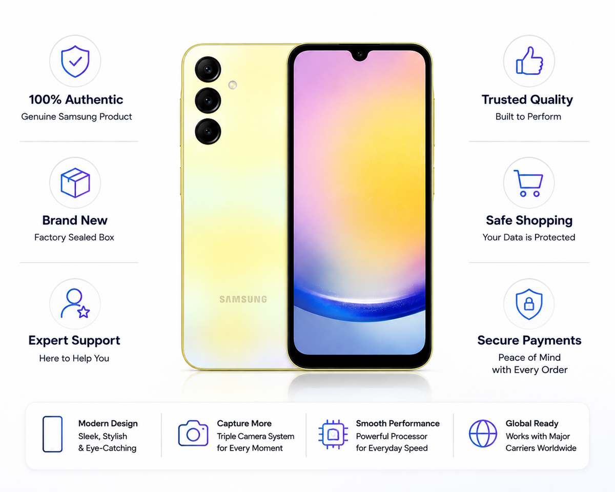 Yellow Samsung Galaxy A25 5G smartphone, front and back view with triple rear camera module