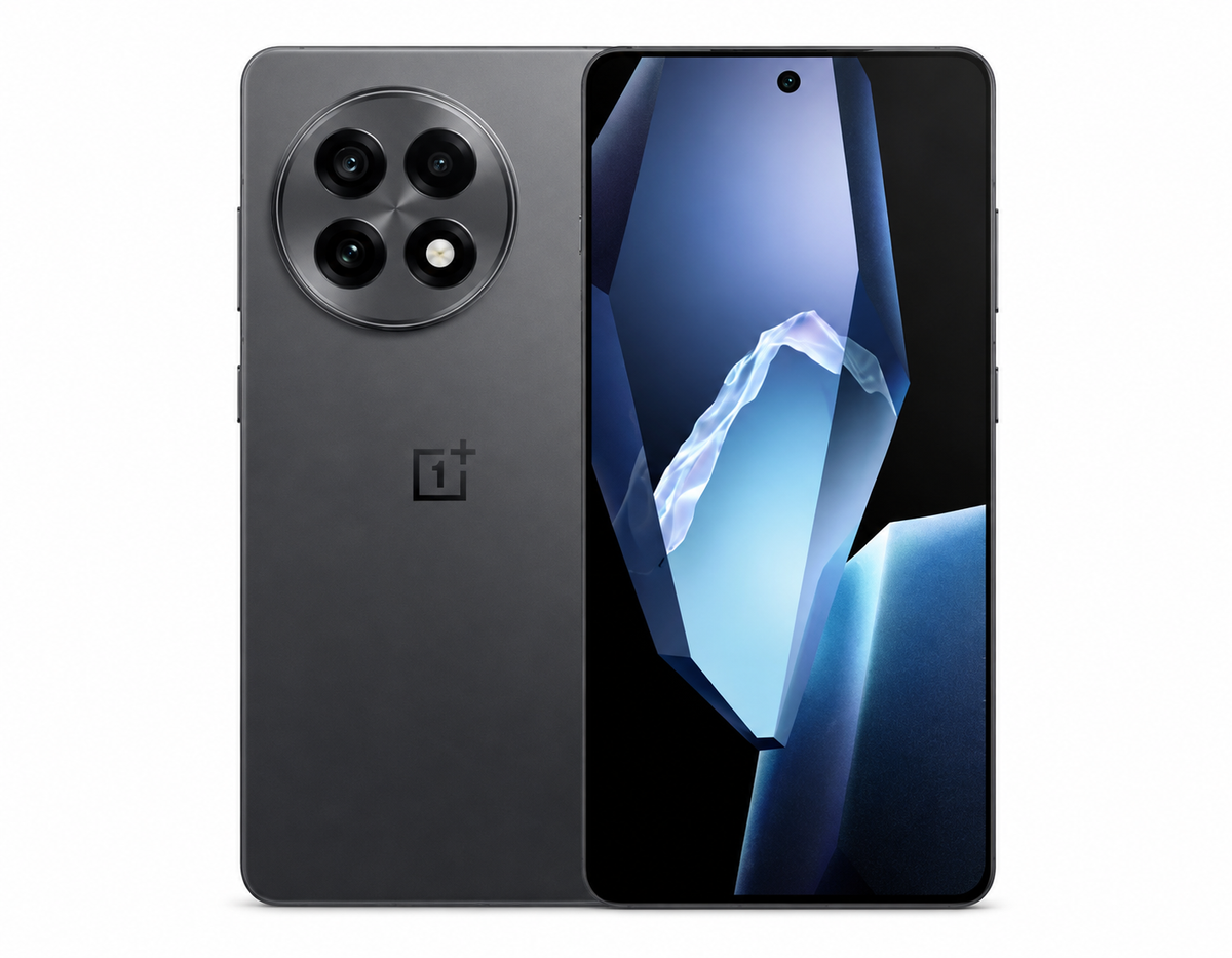 OnePlus 13R 5G Unlocked 5G smartphone in Nebula Noir, front and back view with triple rear cameras