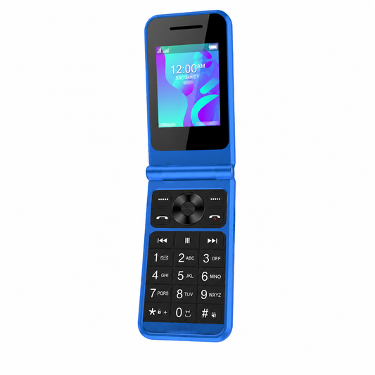 Blue flip mobile phone with external keypad and internal screen