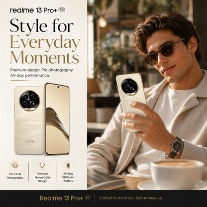 Realme 13 Pro Plus 5G Gold smartphone held in hand, dual rear camera and front display visible