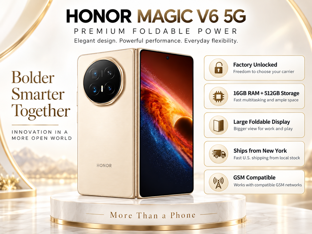Honor Magic V6 5G Gold foldable smartphone with dual rear cameras and glowing outer display