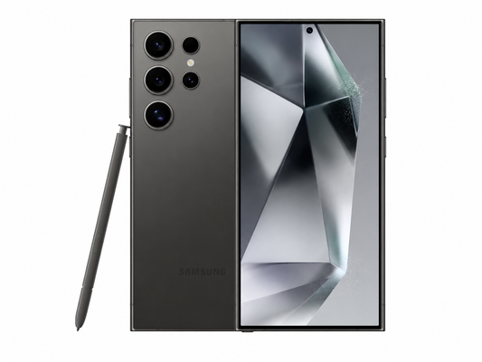 Galaxy S24 Ultra phone in titanium black, showing rear cameras and front display
