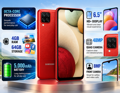 Red Samsung Galaxy A12 smartphone with front display and back camera array
