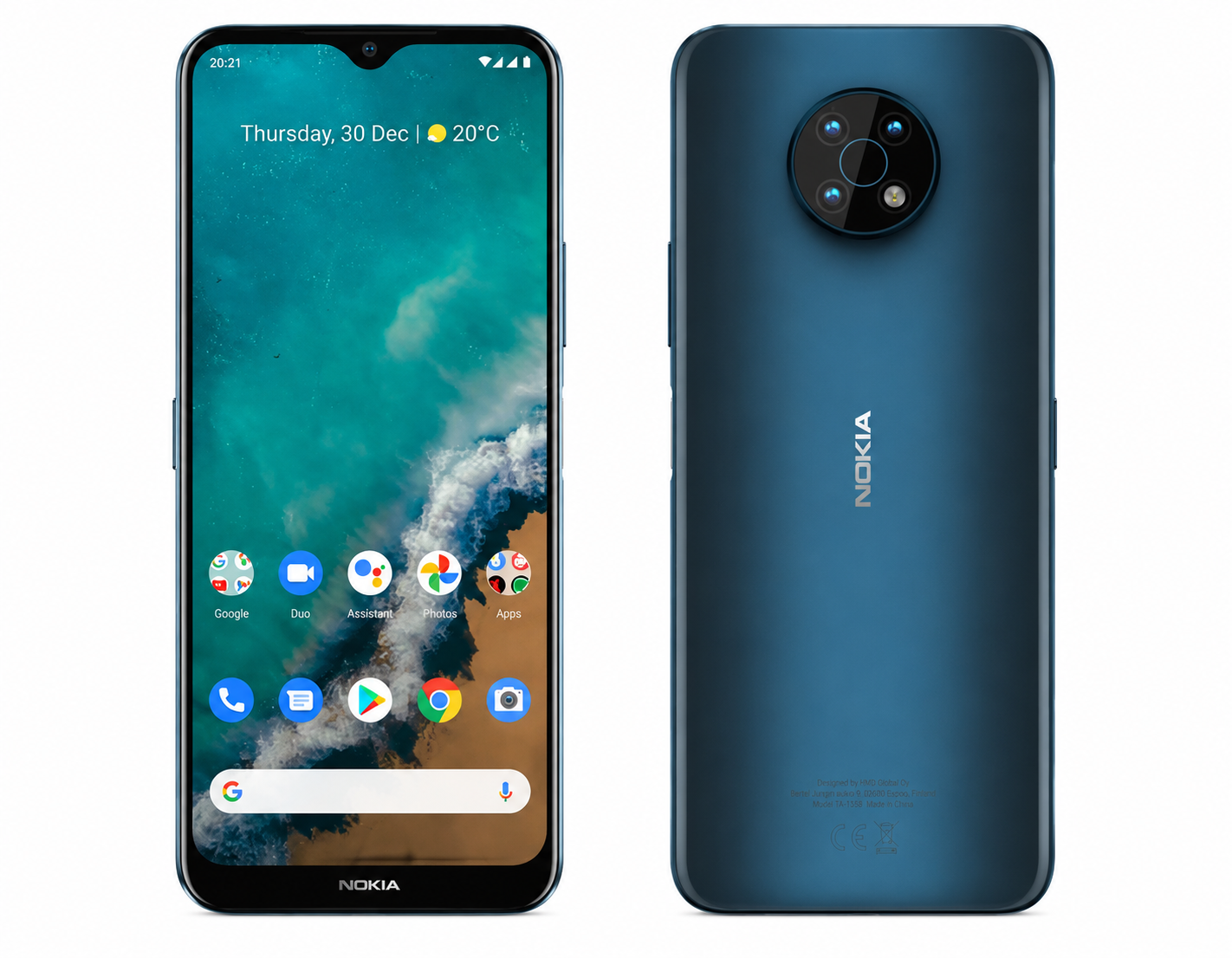Blue Nokia G50 5G smartphone, front and back views, dual camera on rear