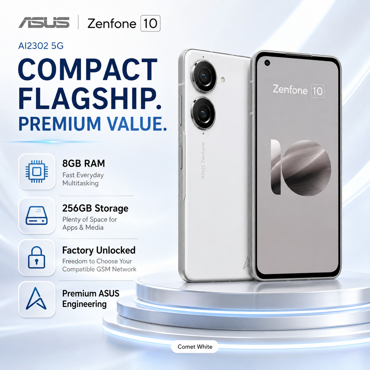 Asus Zenfone 10 AI2302 5G White smartphone with front screen and rear dual cameras, compact design