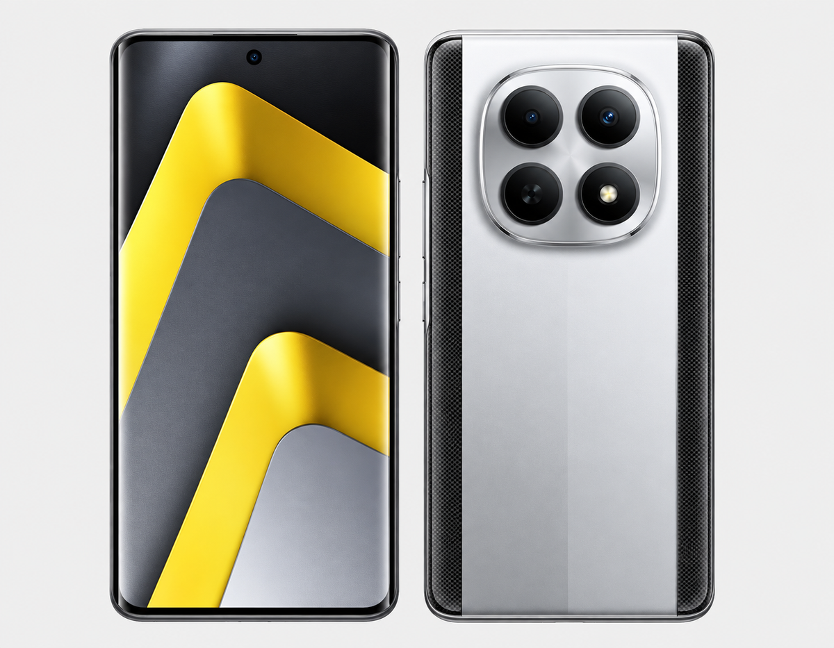 Xiaomi Poco M8 5G  Silver smartphone front and back angled view with triple rear camera