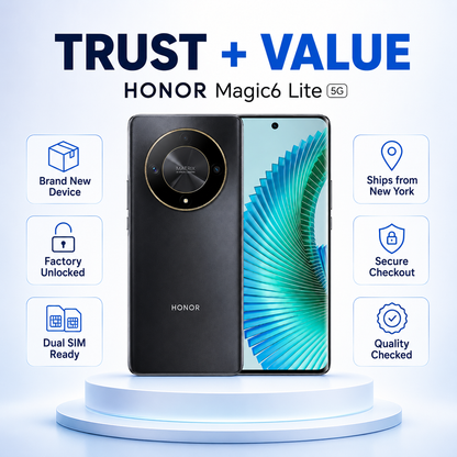 Honor Magic6 Lite smartphone with black back and front display, standing on a pedestal.