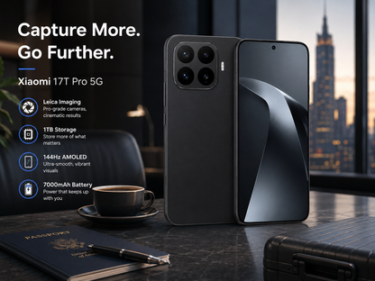 XIAOMI Mi 17T PRO 5G Black smartphone front and back view with quad-lens rear camera array.