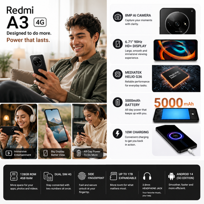 Xiaomi Redmi A3 4G 128GB ROM 4GB RAM Dual SIM GSM Unlocked - Black
