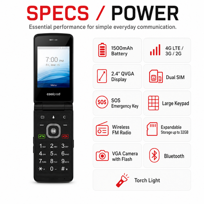 Black flip phone open with front display and physical keypad
