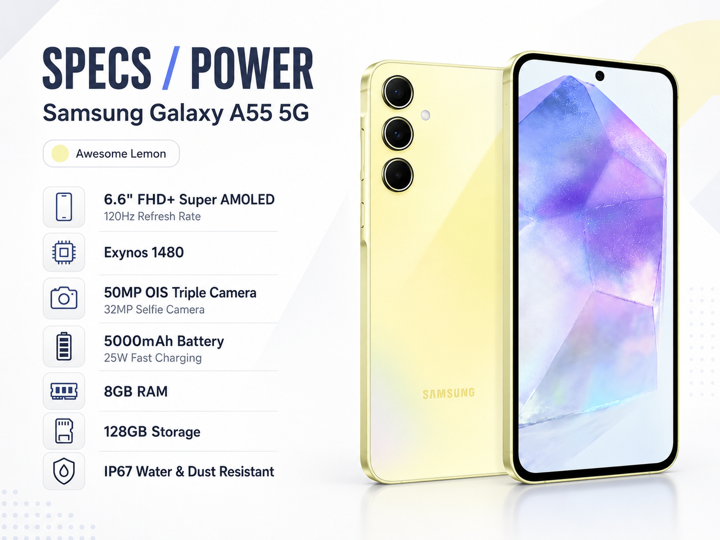Samsung Galaxy A55 5G smartphone in Awesome Lemon, back and front