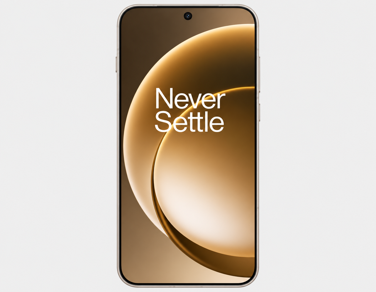 OnePlus 15 5G smartphone front with curved-edge display and top speaker