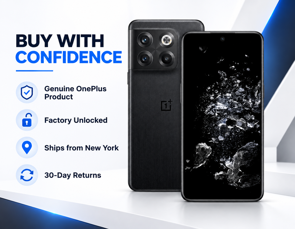 Black OnePlus 10T 5G smartphone front and back with trust icons on the side