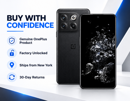 Black OnePlus 10T 5G smartphone front and back with trust icons on the side