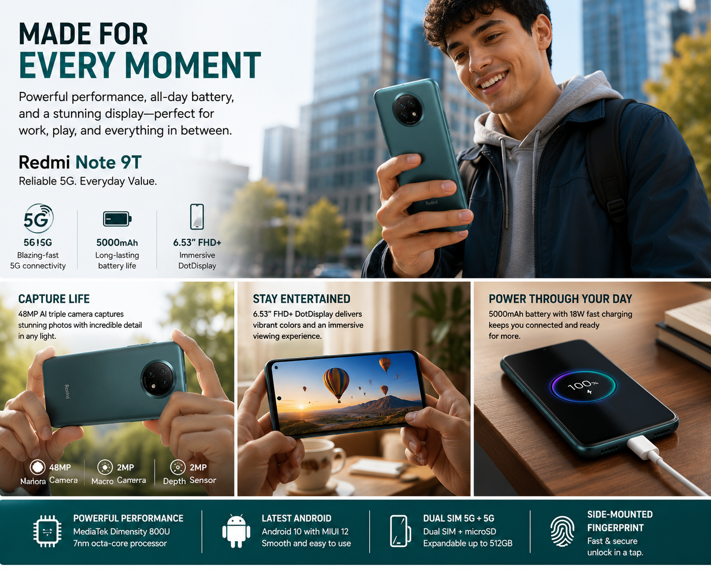 Xiaomi Redmi Note 9T Teal smartphone held in a hand, rear camera visible and front screen on
