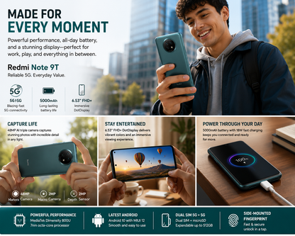 Xiaomi Redmi Note 9T Teal smartphone held in a hand, rear camera visible and front screen on