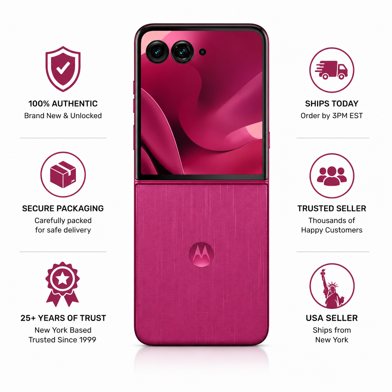 Maroon Motorola flip phone with open clamshell, camera module and inner screen