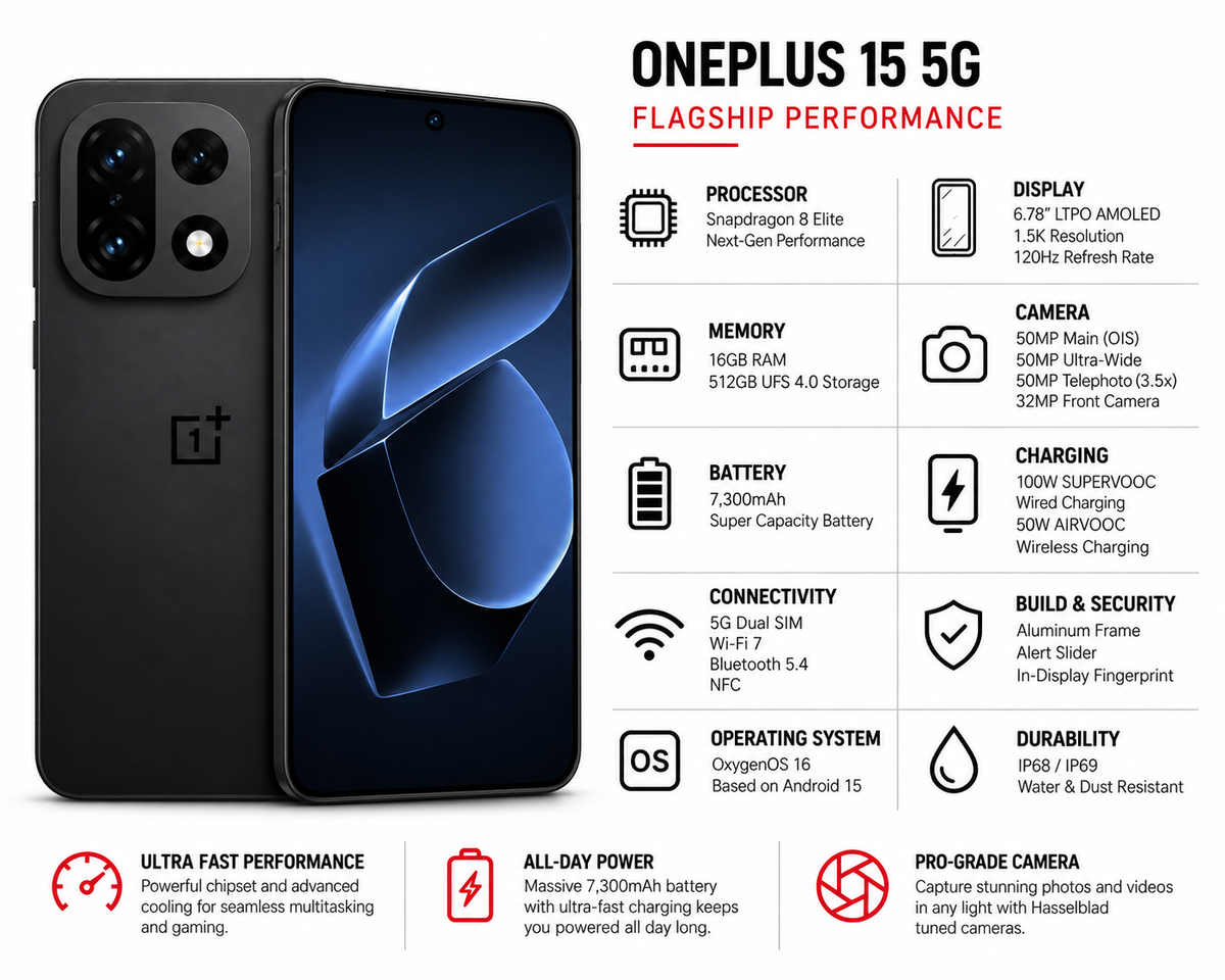 Black OnePlus 15 5G smartphone with dual cameras and blue front display.
