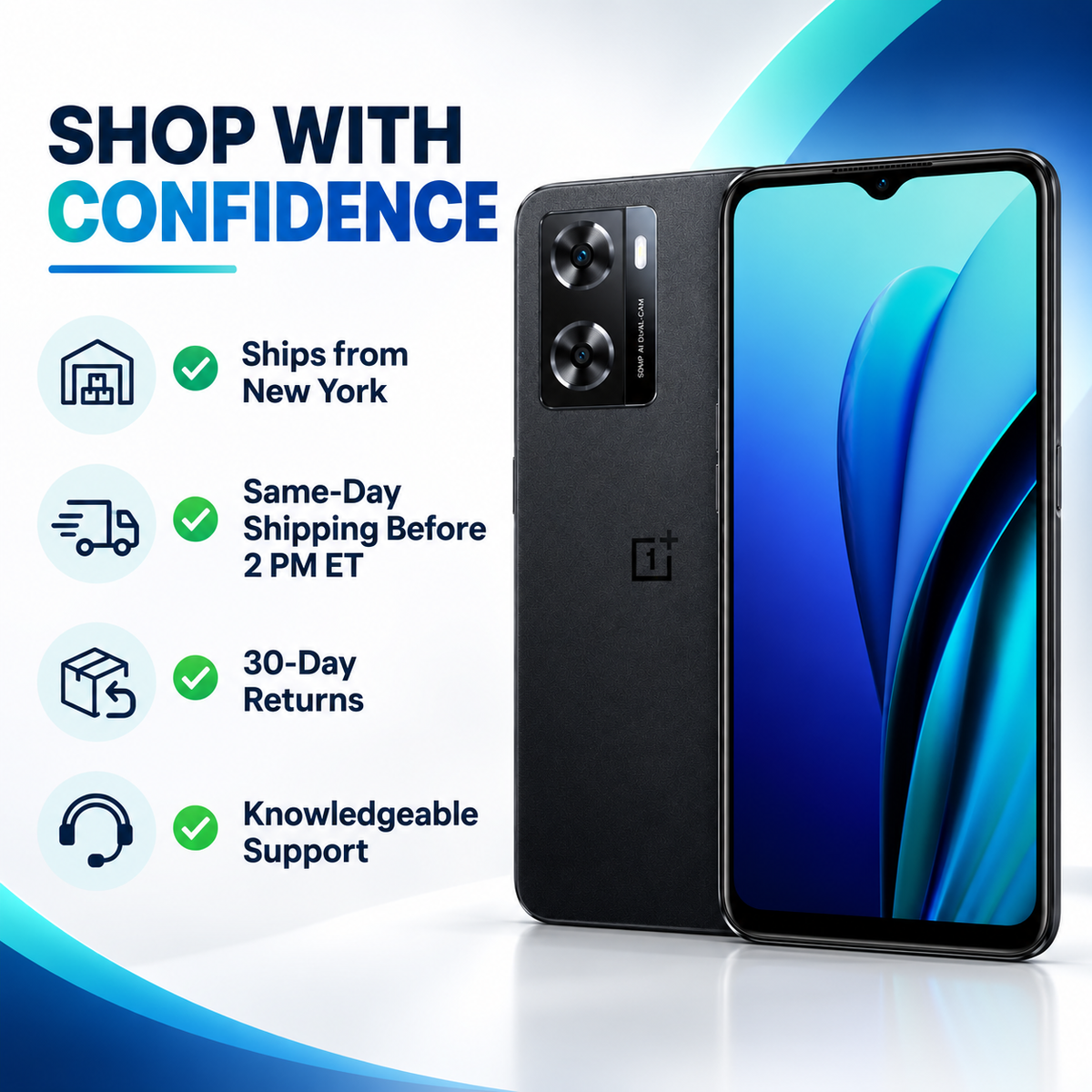 OnePlus Nord N20 SE Black smartphone angled view with front screen and rear camera panel, dual lens