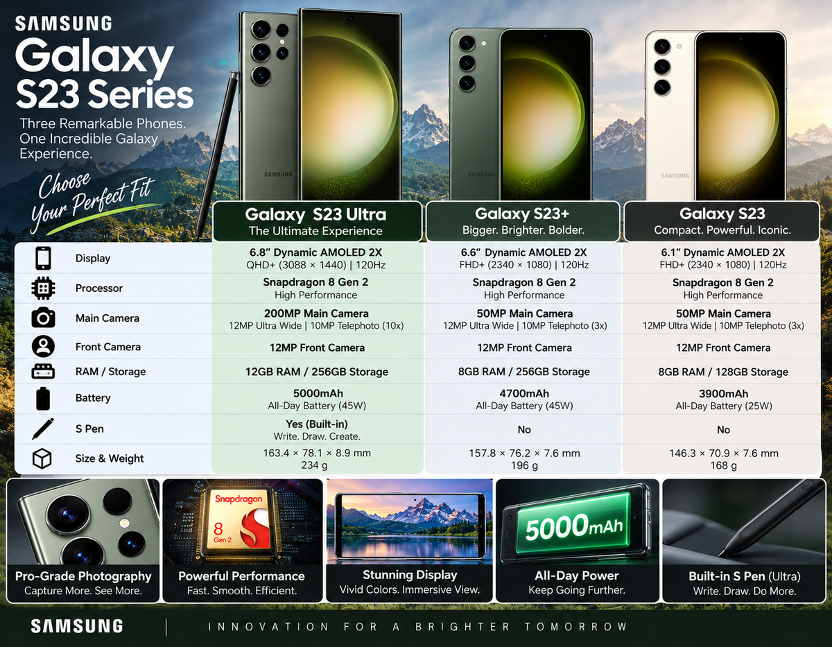 Samsung Galaxy S23 Ultra marketing panel with phone images and feature/spec blocks